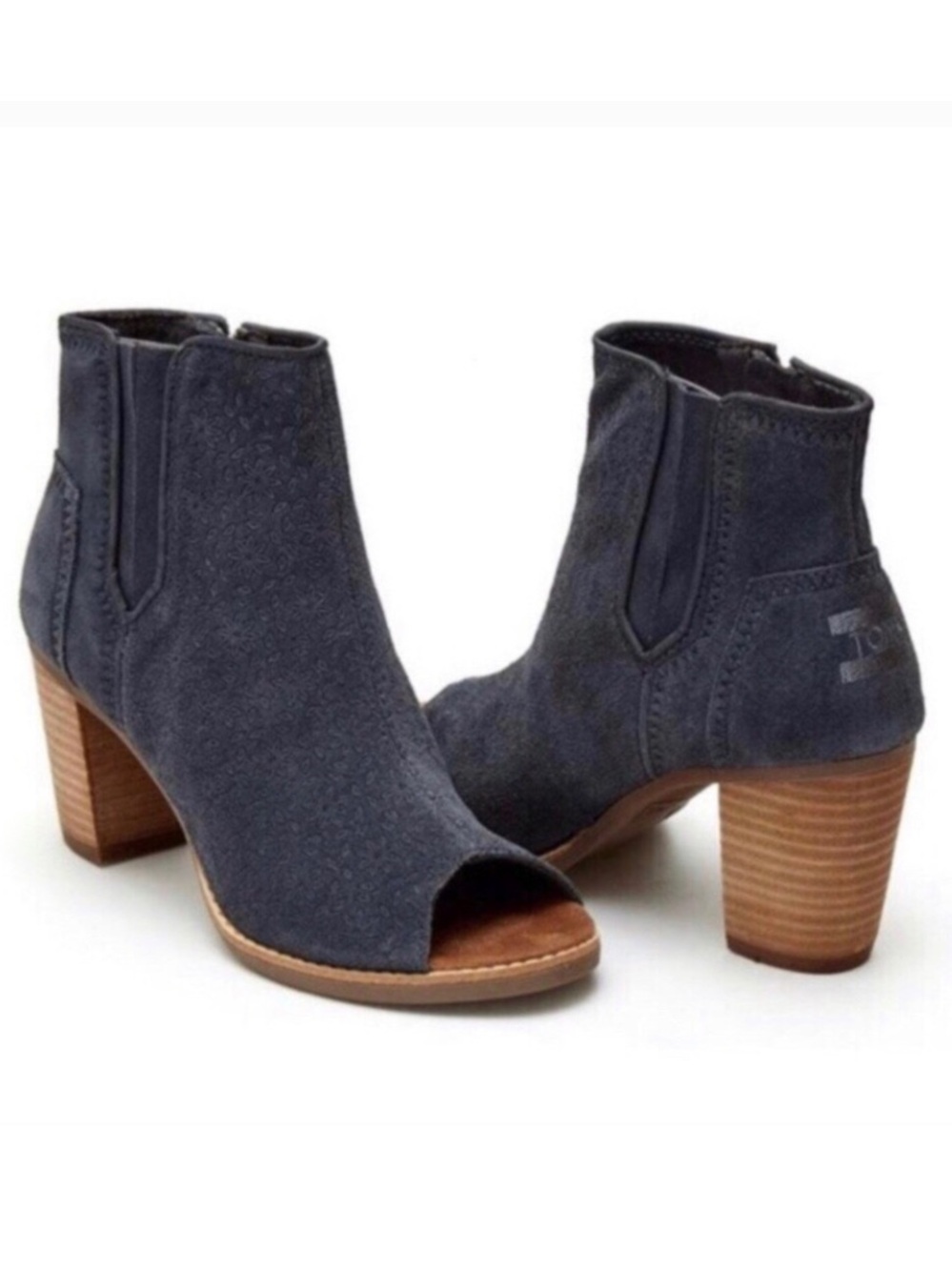 Toms | Women's Dark Grey Floral Embossed Suede Peep-Toe Heeled Ankle Boots 9.5